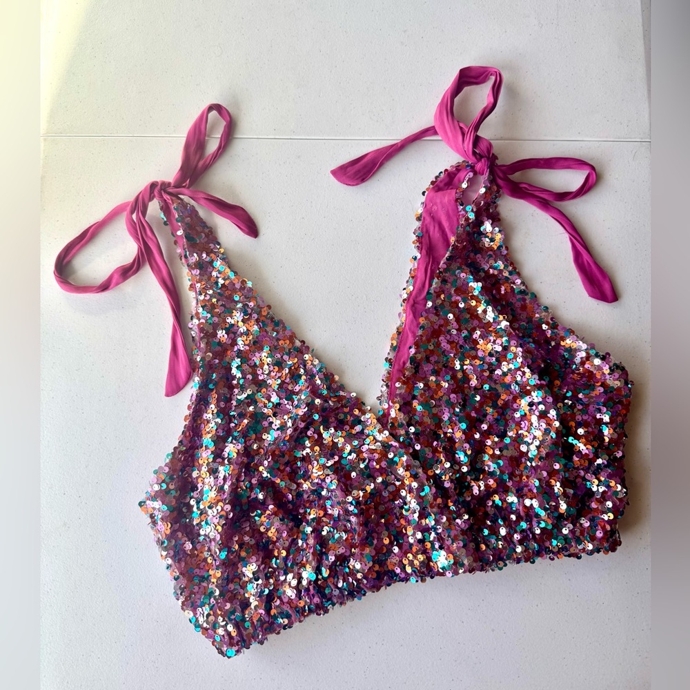 FP Sequin Halter Top with Pink Ties